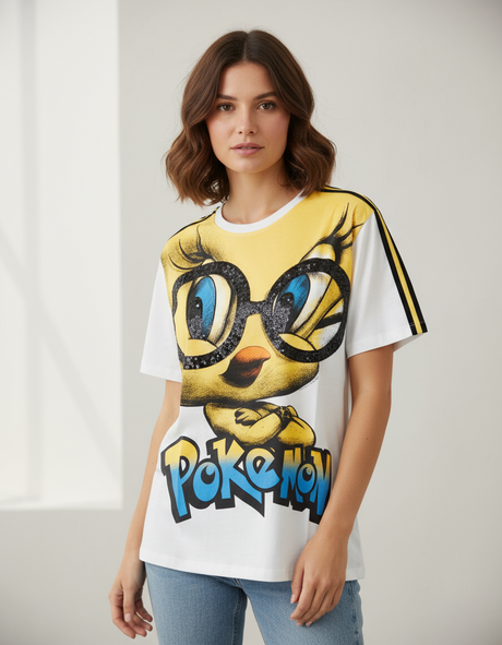 Woman wearing a white tshirt with a cartoon character and 'Pokémon' text