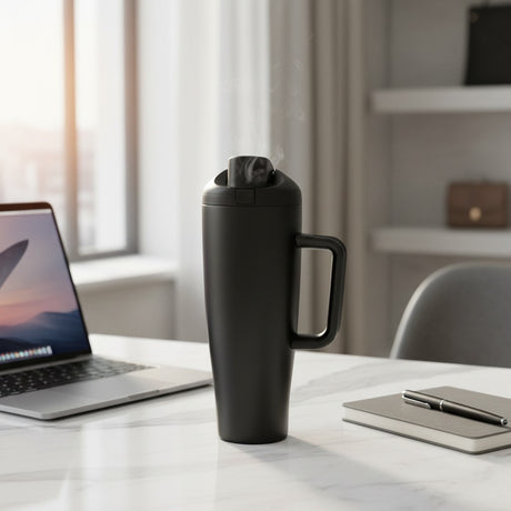 Matte black insulated tumbler with the flip cap open and steam rising