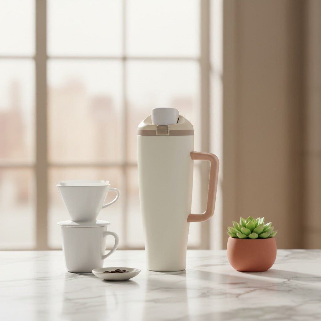 Cream insulated tumbler with a blush handle beside a pour over coffee set