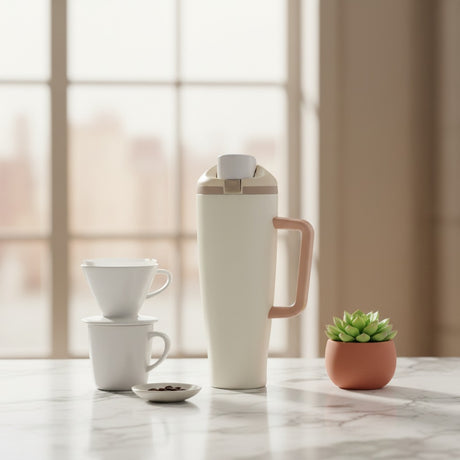 Cream insulated tumbler with a blush handle beside a pour over coffee set