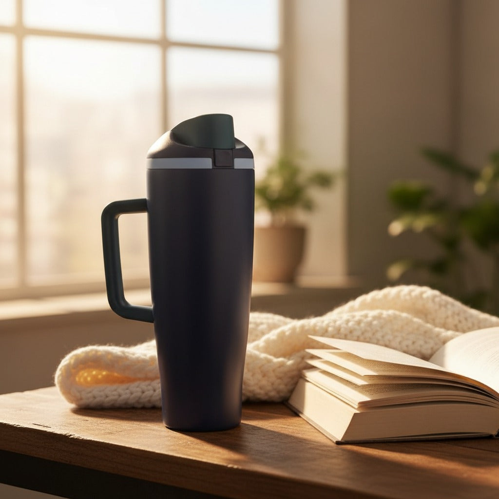 Navy insulated travel tumbler on a wooden table beside an open book