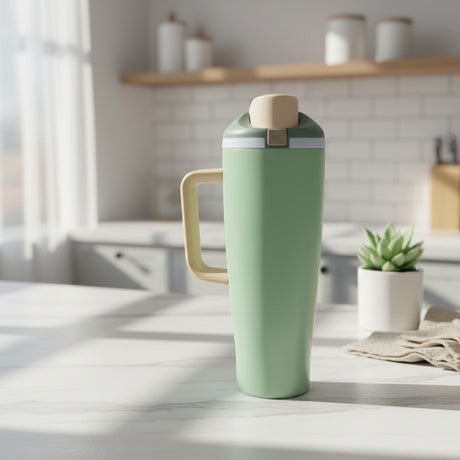 Sage green insulated tumbler with a cream flip cap in a bright kitchen