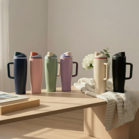 Six insulated travel tumblers with flip lids and loop handles in soft colours