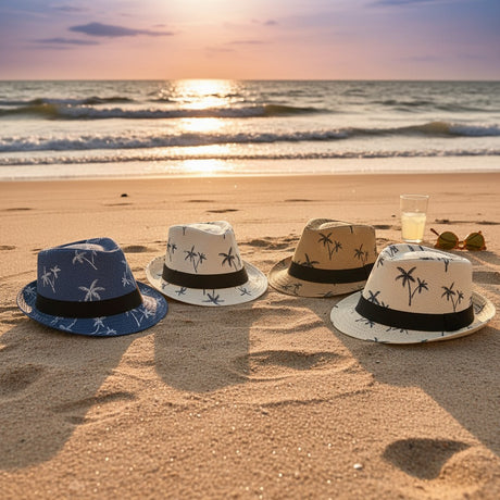 Four kids palm print straw fedora sun hats in navy, white, tan and beige lined up on sand