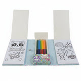 A children's coloring book set displayed open on a wooden table, featuring black-and-white panda-themed coloring pages on the left and right, a set of rainbow-colored pencils in the center, and a small panda illustration card below.