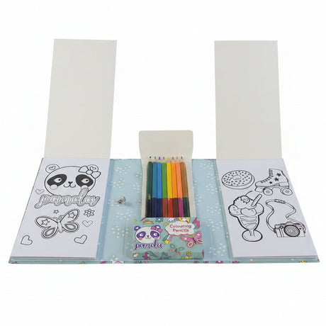 A children's coloring book set displayed open on a wooden table, featuring black-and-white panda-themed coloring pages on the left and right, a set of rainbow-colored pencils in the center, and a small panda illustration card below.
