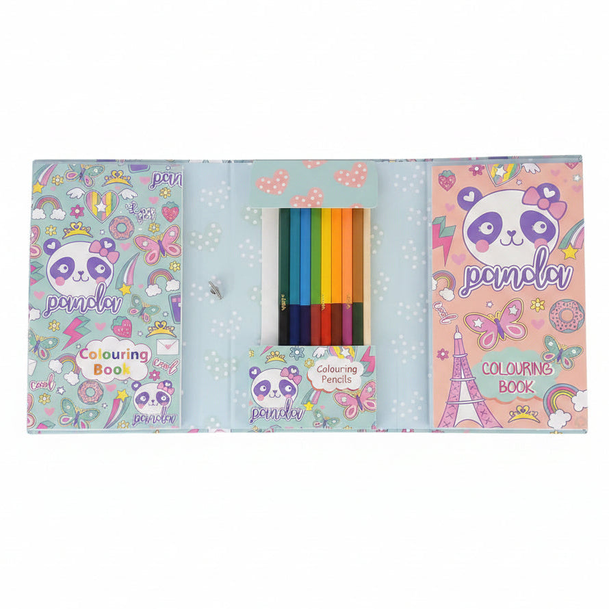 A pastel-colored panda-themed coloring book set with three tabs opened to show the cover designs, a central window containing a set of colored pencils, and a small pencil box in front, placed on a wooden floor.