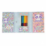 A pastel-colored panda-themed coloring book set with three tabs opened to show the cover designs, a central window containing a set of colored pencils, and a small pencil box in front, placed on a wooden floor.