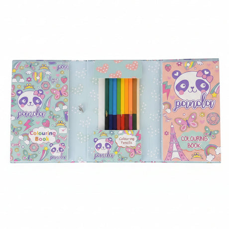 A pastel-colored panda-themed coloring book set with three tabs opened to show the cover designs, a central window containing a set of colored pencils, and a small pencil box in front, placed on a wooden floor.