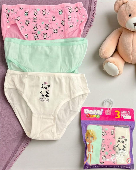 Pack of 3 girls cotton briefs in pink, mint and cream with a panda print