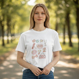 White tee with pastel print of hair clips, mirror and purse, Jack Gifts Online Lebanon