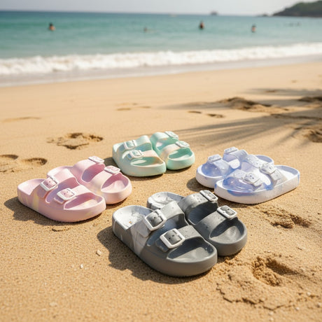 Four pairs of pastel double buckle foam slides on a sandy beach, Jack Gifts Online Lebanon