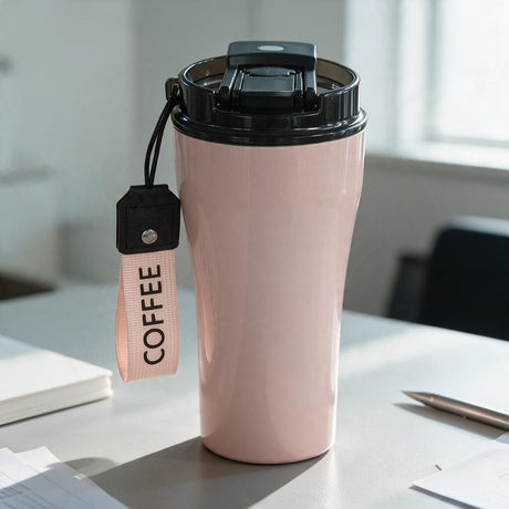 Light pink travel mug with a black lid and a pink COFFEE wrist strap on a sunny office desk