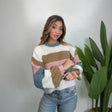 Pastel colour block striped sweater with blue, pink, camel and white stripes and balloon sleeves