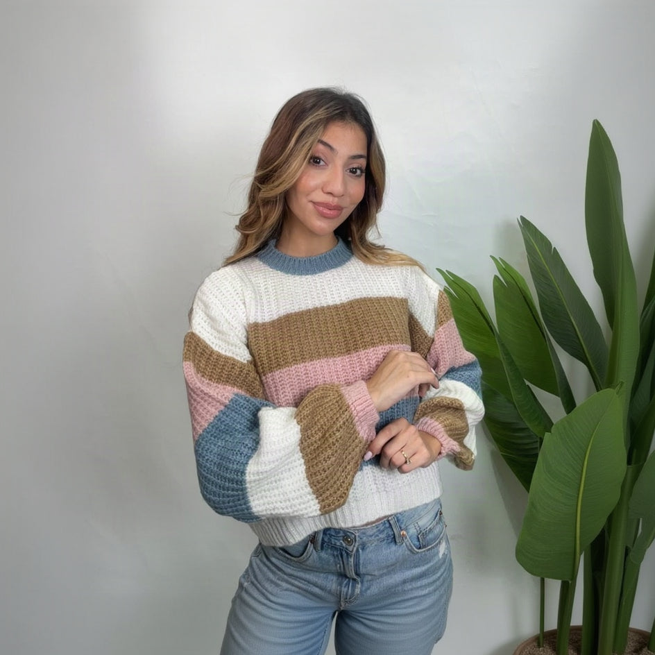 Pastel colour block striped sweater with blue, pink, camel and white stripes and balloon sleeves