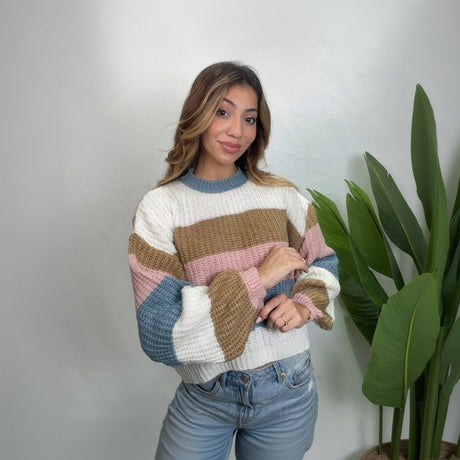 Pastel colour block striped sweater with blue, pink, camel and white stripes and balloon sleeves