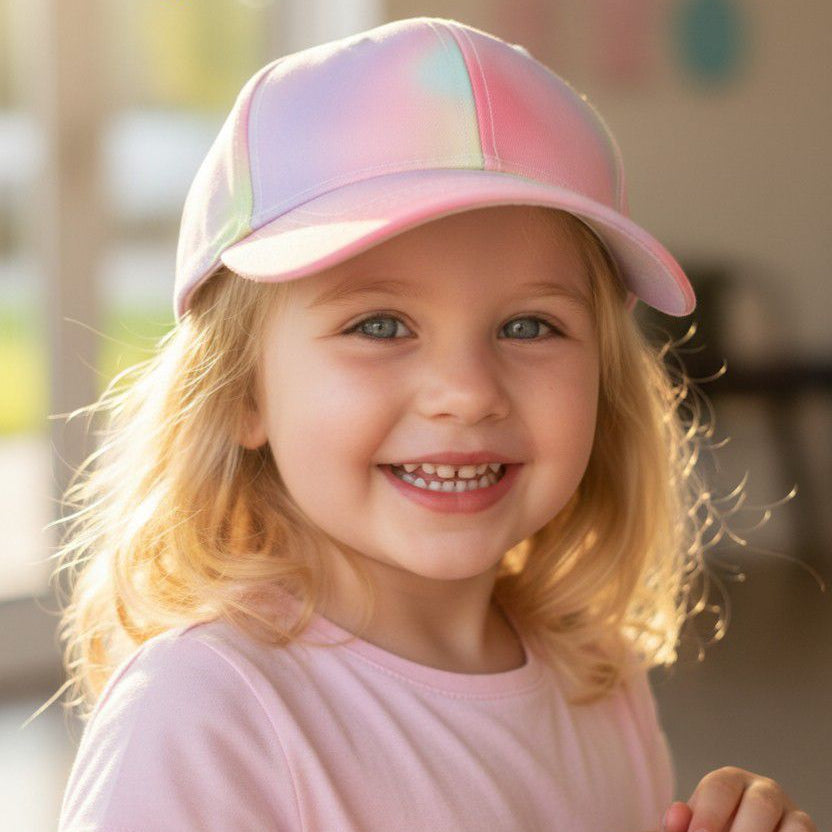 Smiling girl wearing a pastel rainbow kids cap in pink, lilac, mint and pale yellow