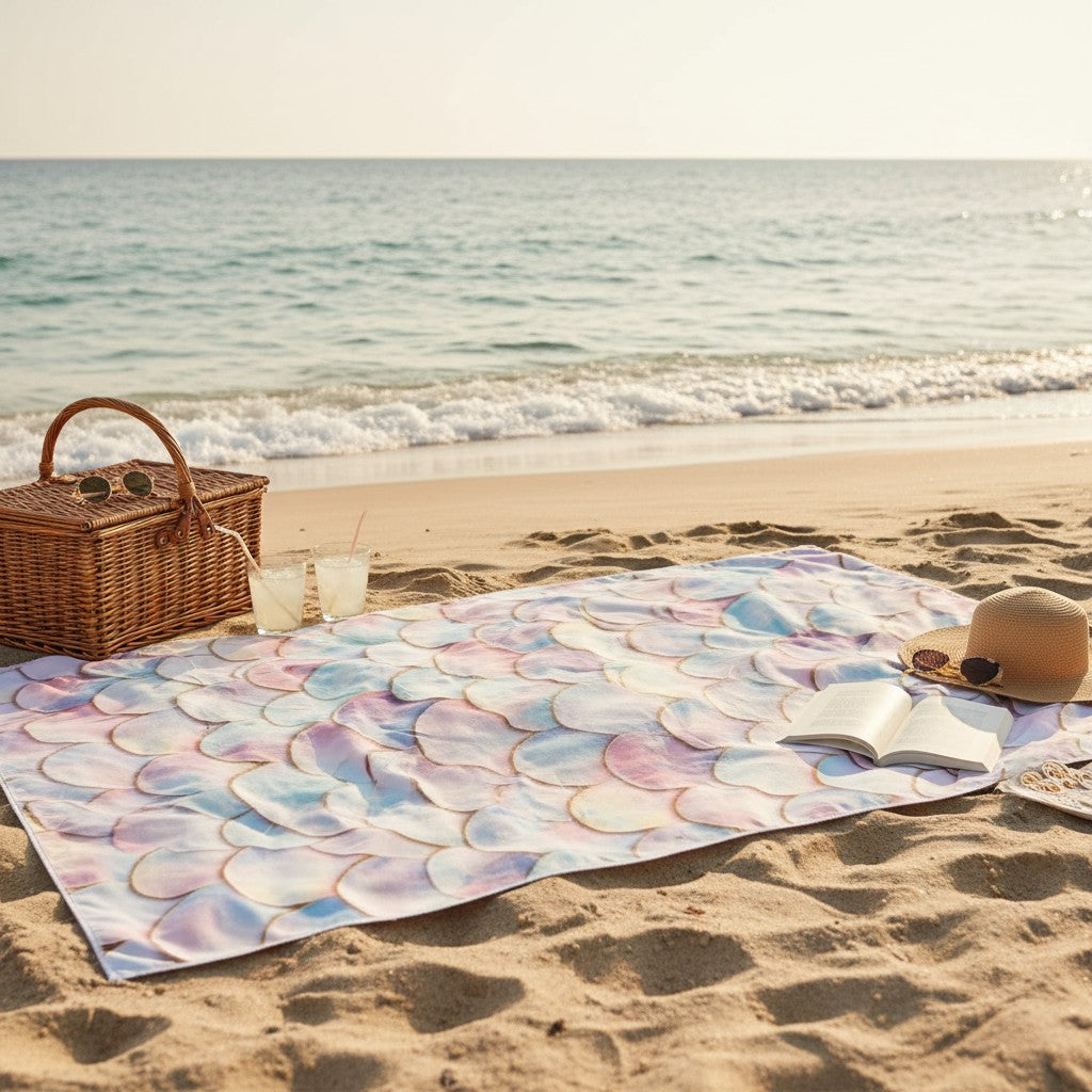 Beach scene with a colorful towel, picnic basket, and hat on sand near ocean.