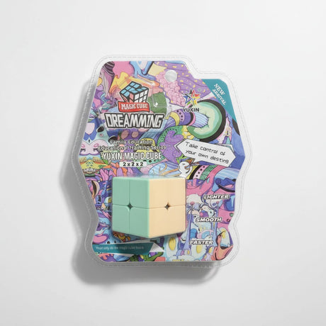 Pastel mint and cream 2x2 magic cube on a purple and turquoise doodle card