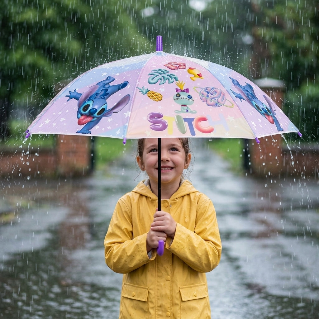 Girl in a yellow raincoat under a pastel pink and lilac umbrella with stitch and planets