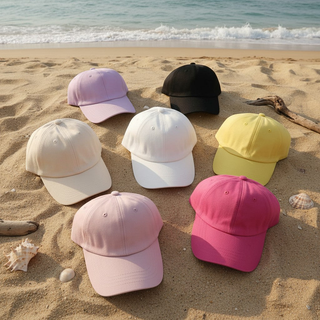 Summer caps in lavender, black, cream, white, yellow and pink on sand, Jack Gifts Online Lebanon