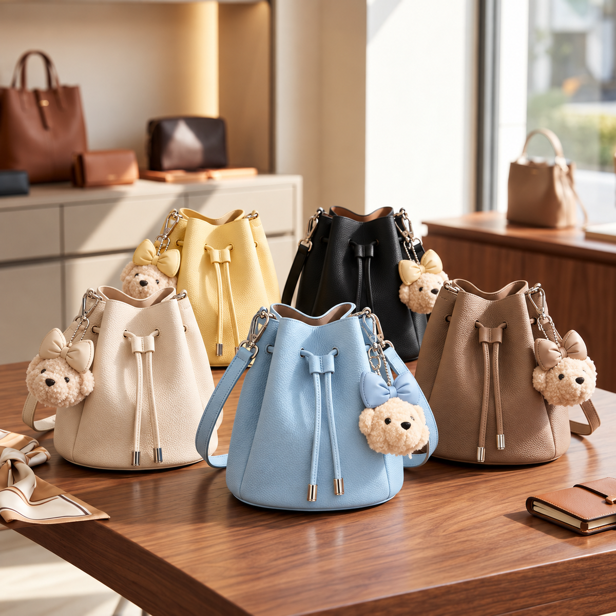 Bear Charm Drawstring Bucket Bag
