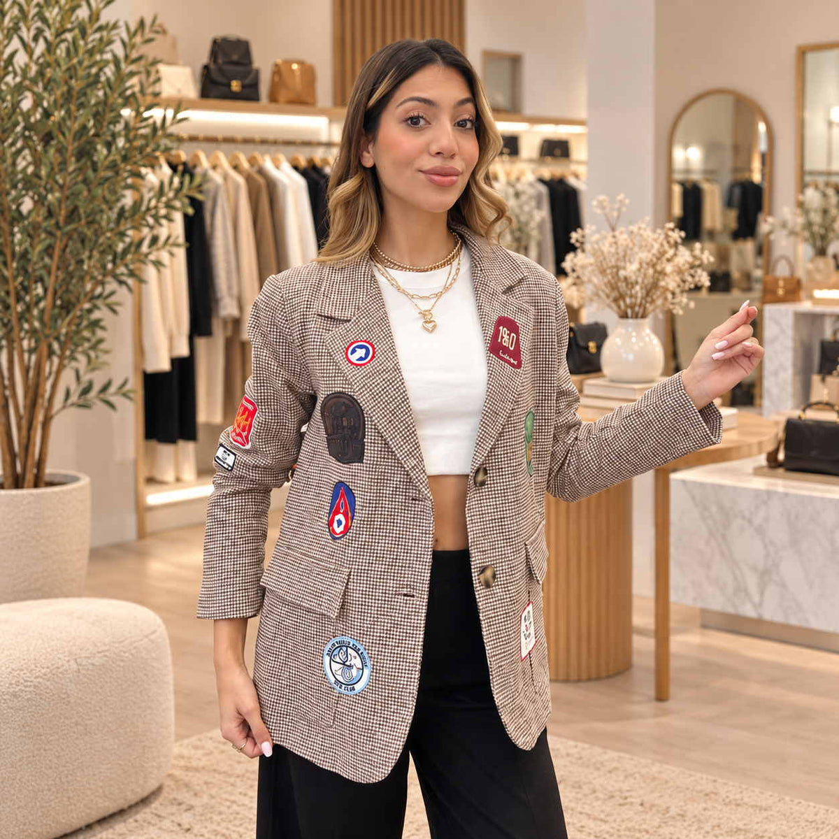 Brown Houndstooth Patch Blazer