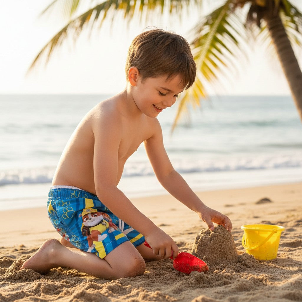 Child wearing Paw Patrol swim shorts playing in the sand