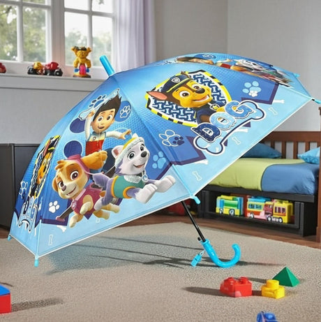 Open light blue Paw Patrol kids umbrella with Chase, Skye and Everest and a curved handle