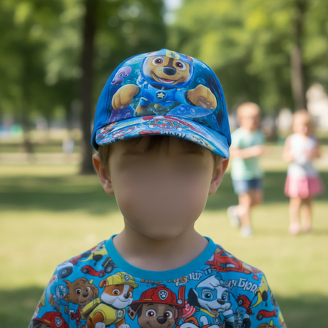 Young boy wearing a blue sea rescue pup cap at a sunny park