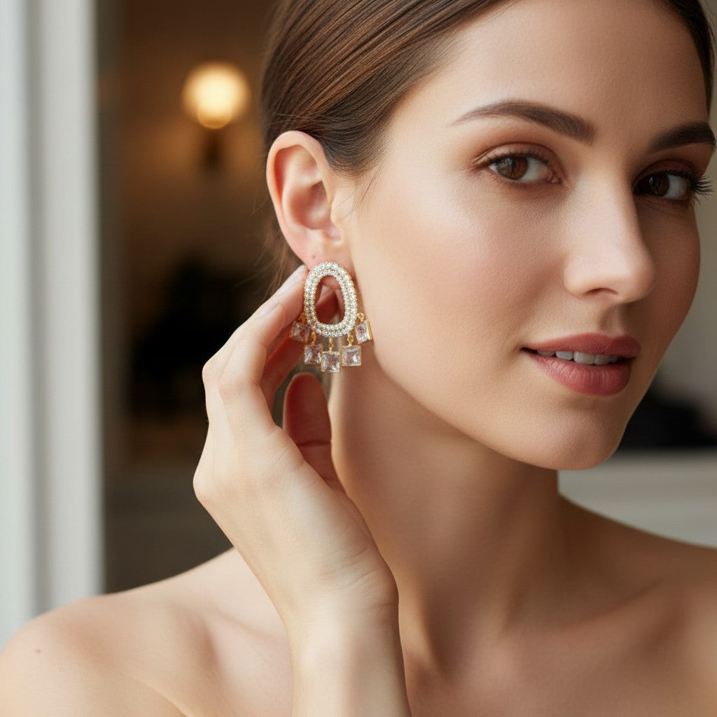 Gold pearl oval earrings with square crystal drops, Jack Gifts Online Lebanon