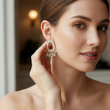 Gold pearl oval earrings with square crystal drops, Jack Gifts Online Lebanon