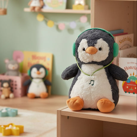 Penguin plush wearing bright green headphones