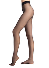 Black silky tights side on, the comfort waistband sitting flat