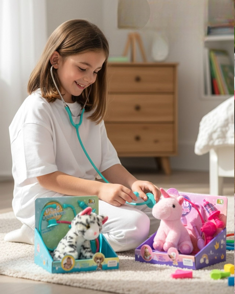 Teal and purple vet play boxes holding a spotted cat and a pink unicorn with play tools