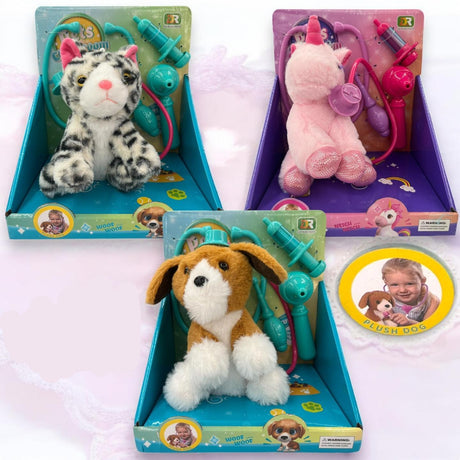Three vet play boxes with a spotted cat, a pink unicorn and a puppy, each with a tool set