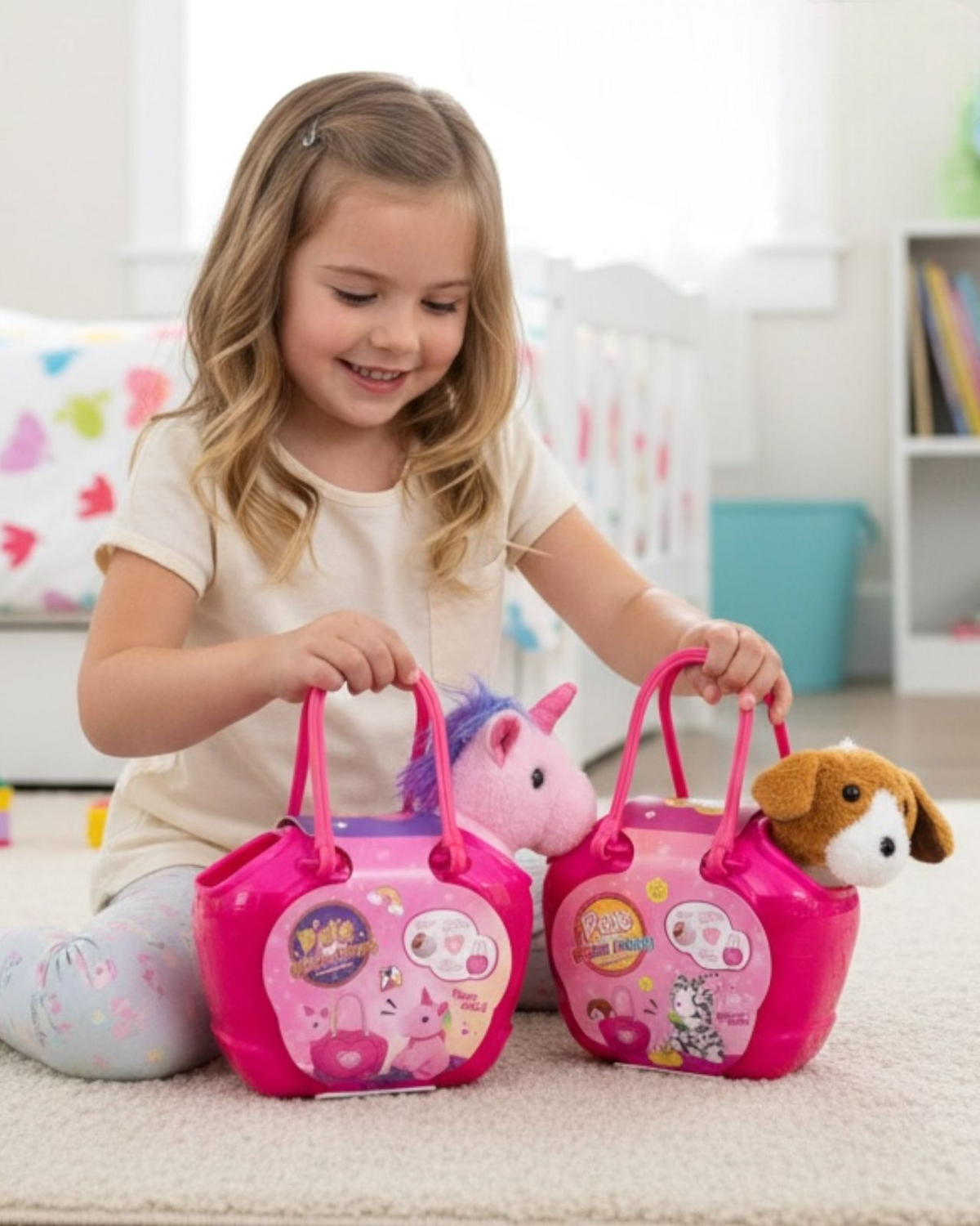 Two glossy pink handbag carriers with rope handles, holding a plush unicorn and a plush puppy