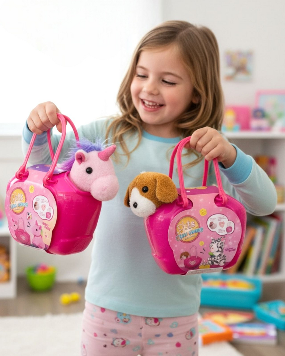 Girl holding up two pink pet carry cases by their rope handles in a bedroom