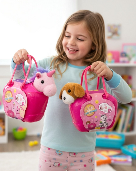 Girl holding up two pink pet carry cases by their rope handles in a bedroom