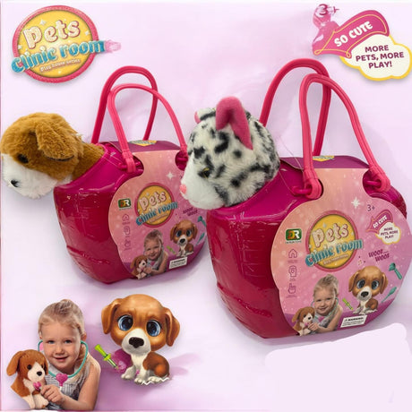 Two pink handbag pet carriers, one with a puppy and one with a spotted cat, on a pink background