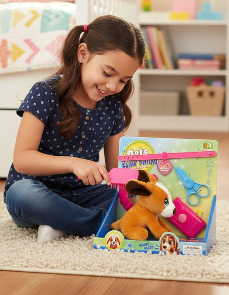 Girl combing the plush puppy beside its salon box with a comb, scissors and hair dryer