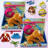 Pet hair salon boxes with plush puppies, grooming capes, scissors and heart charm collars