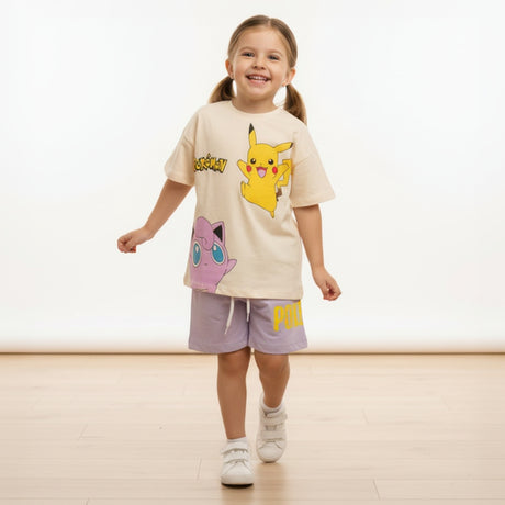 Girls Pokemon set, beige tee with Pikachu and Jigglypuff and lilac shorts with yellow lettering