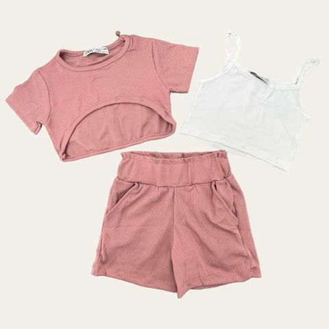Pink Simple 3 Pcs Shorts Set
