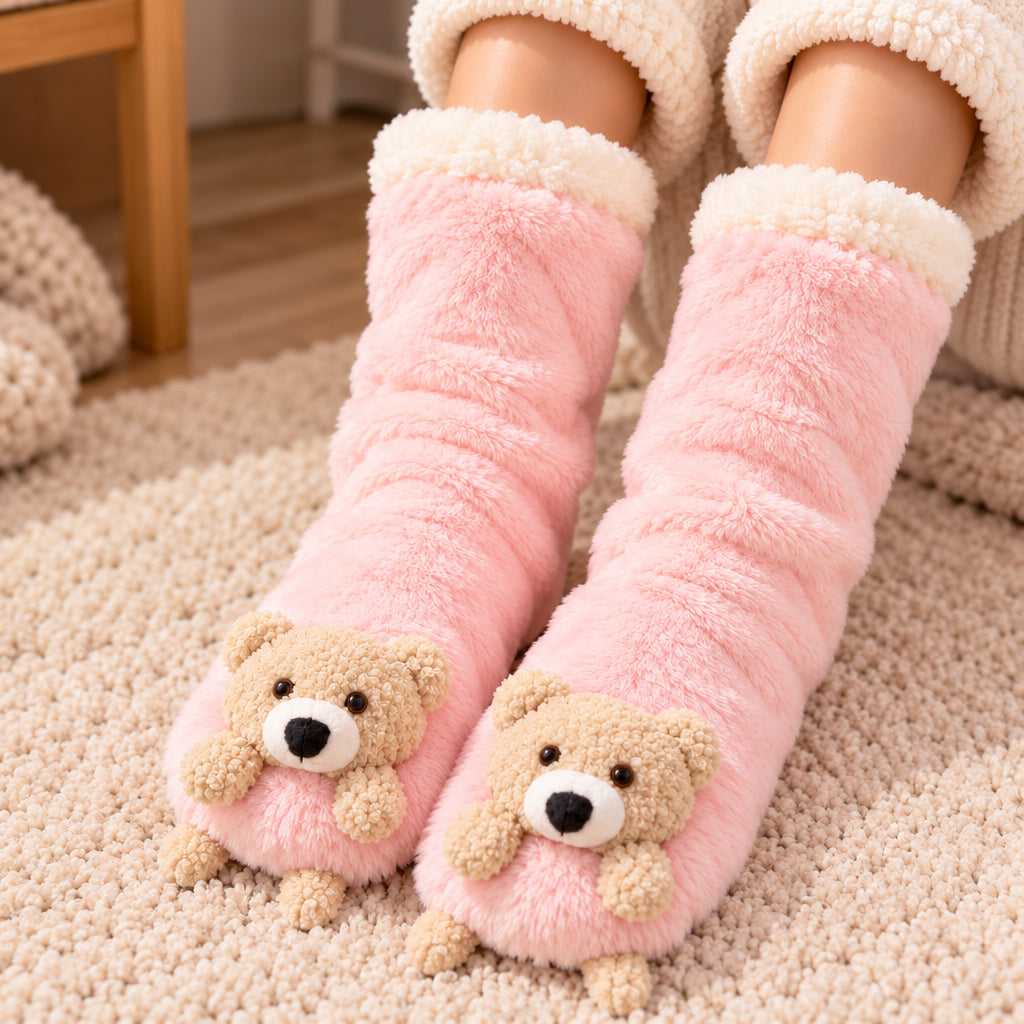 Woman wearing pink fuzzy socks with a 3D tan teddy bear on each toe, sitting on a cream rug