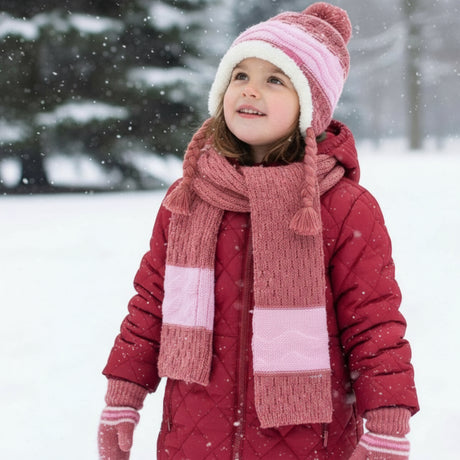 Dusty pink knitted hat, scarf and mittens set with pale pink colour block panels