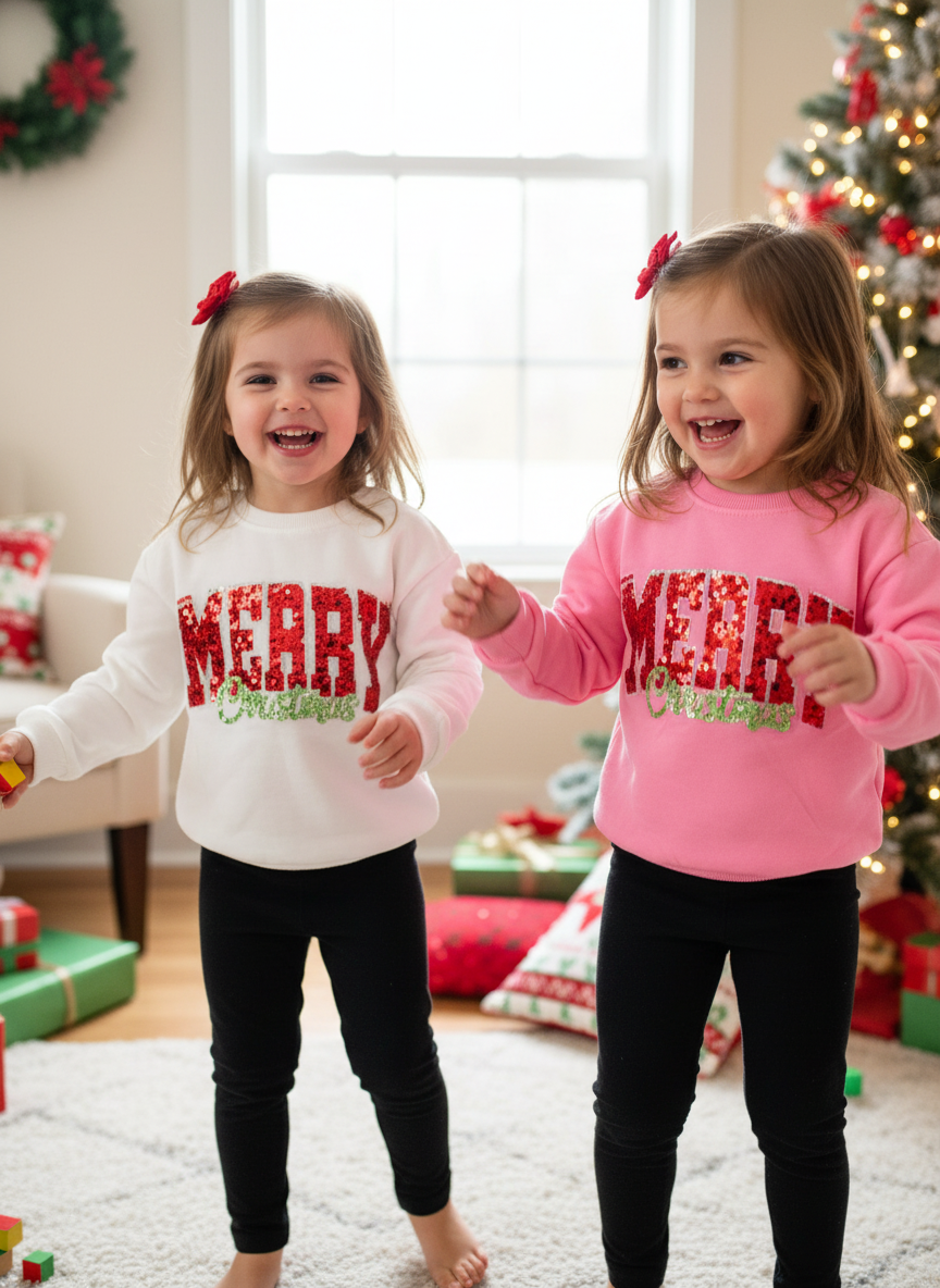 Two girls in matching white and pink Merry Christmas sweatshirts and black leggings by a Christmas tree