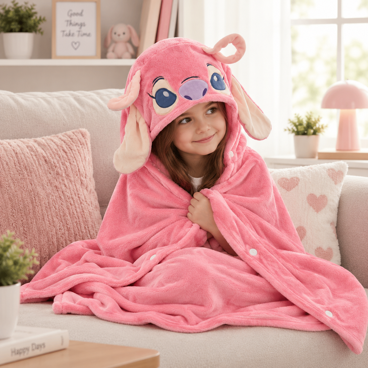 Pink hooded Angel blanket with ears worn on a sofa, showing the white snap fastenings