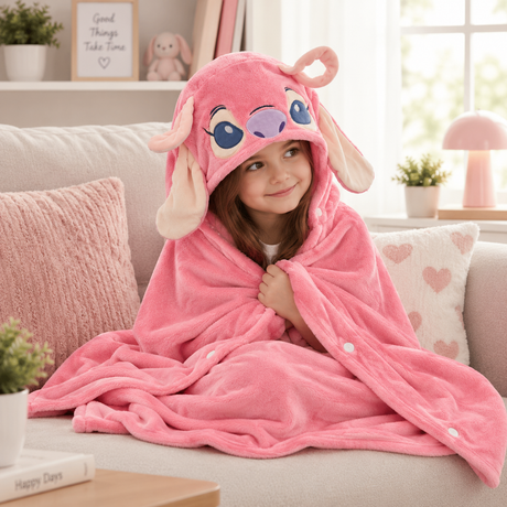 Pink hooded Angel blanket with ears worn on a sofa, showing the white snap fastenings