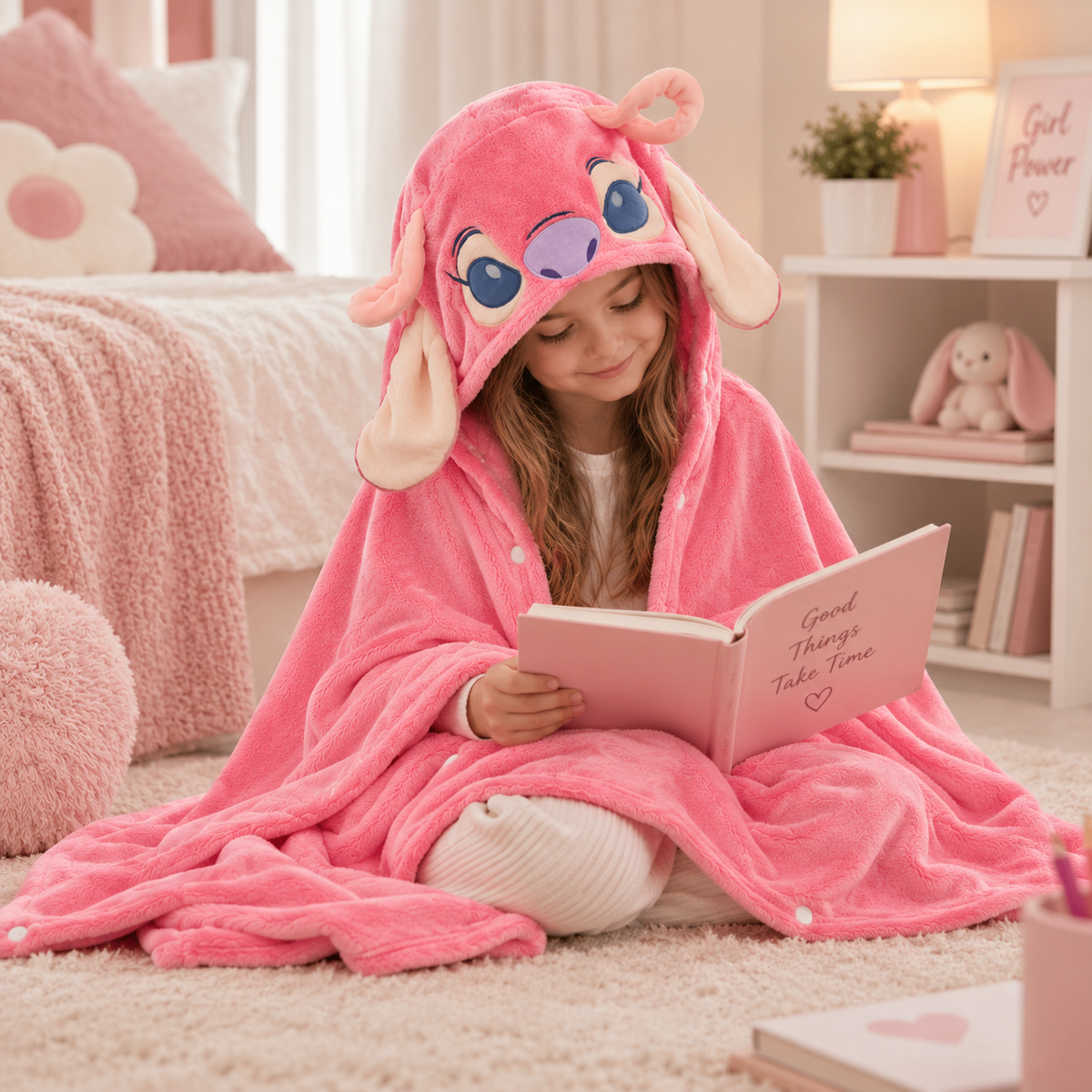 Child wrapped in a pink hooded Angel blanket with floppy ears, reading a book
